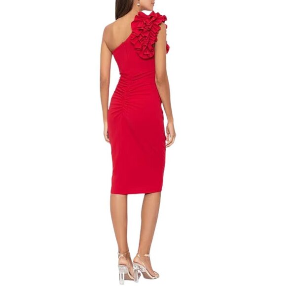 NWT Xscape Scuba Crepe One Shoulder Ruffle Detail Sleeveless Midi Dress in Red - Picture 5 of 5